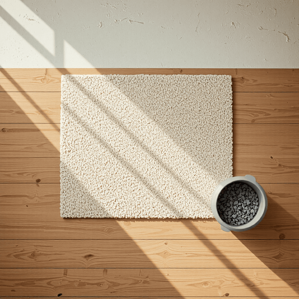 product photography of a square mat and a small container of cat litter