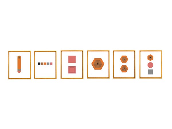 The image shows a horizontal row of six framed illustrations arranged on a white background. Each frame has a thin gold border and a white interior. The illustrations vary in shape and color:
<p>1. The first frame on the left contains an orange pencil with a pink eraser.</p>
<p>2. The second frame contains four small squares of different colors: dark gray, light gray, pink, and orange.</p>
<p>3. The third frame displays two pink squares stacked vertically.</p>
<p>4. The fourth frame contains an orange hexagon with a black center.</p>
<p>5. The fifth frame shows two orange hexagons with darker centers.</p>
<p>6. The sixth frame contains an orange hexagon with a pink circle inside.</p>
The frames are evenly spaced and aligned horizontally, creating a balanced and organized visual presentation.