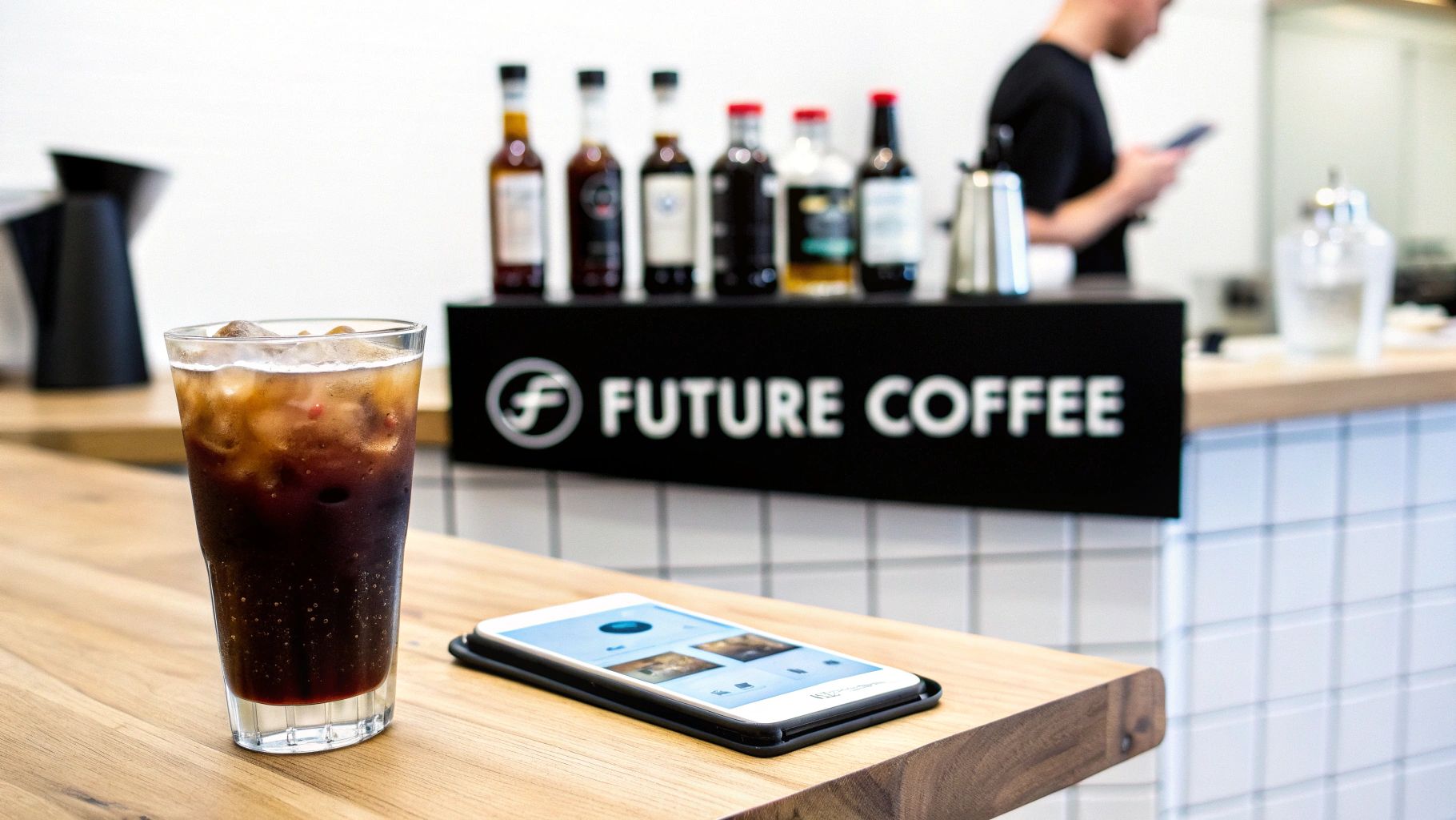 A refreshing glass of iced coffee and a smartphone on a wooden counter at Future Coffee.