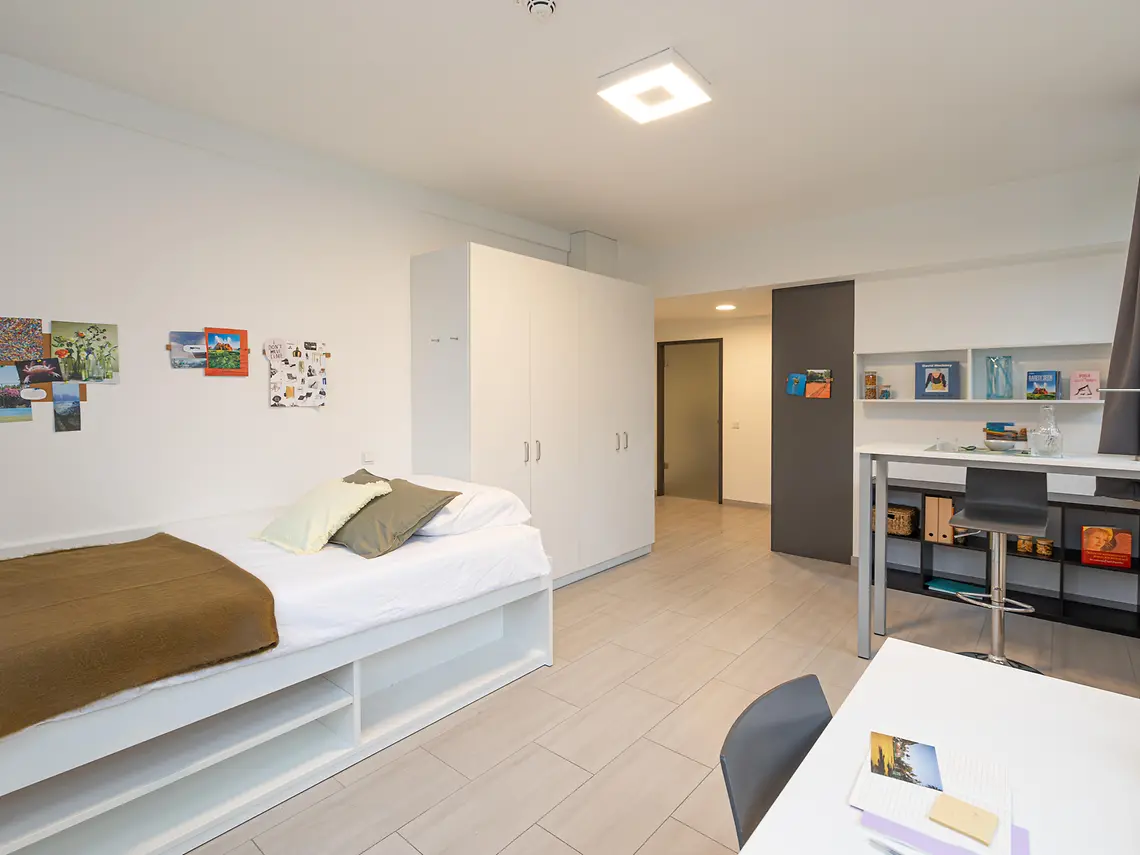 Furnished student studio bedroom in Darmstadt with bed, wardrobe and study space
