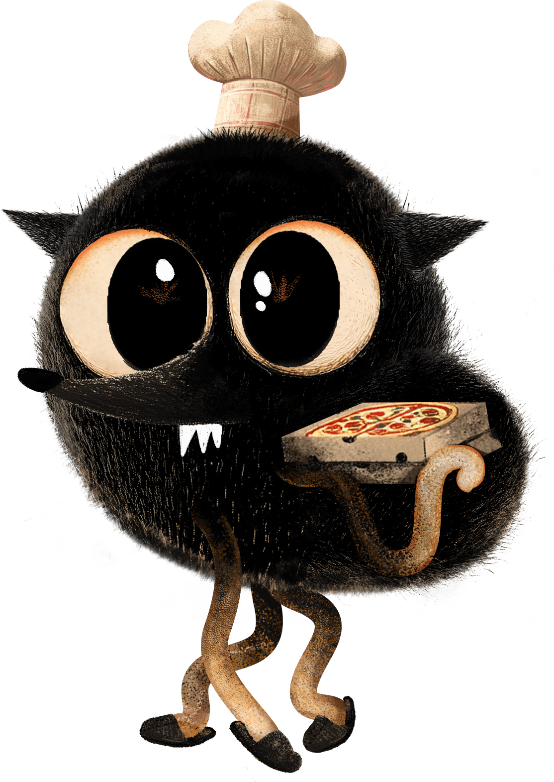 a black fluffy creature with chef's hat and holding a pizza