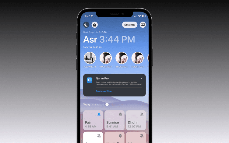 Athan PRO Dashboard: 5 daily prayers and their timings.