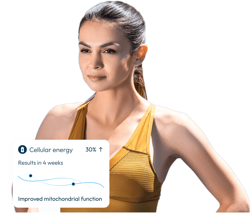 A woman with an illustration of his health metrics improvement