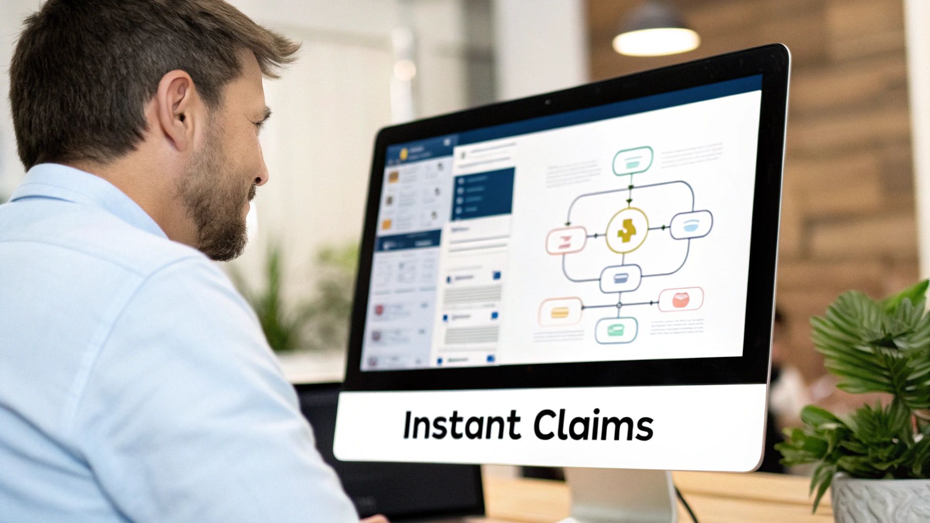 Man in blue shirt views 'Instant Claims' on computer monitor displaying a complex workflow diagram.