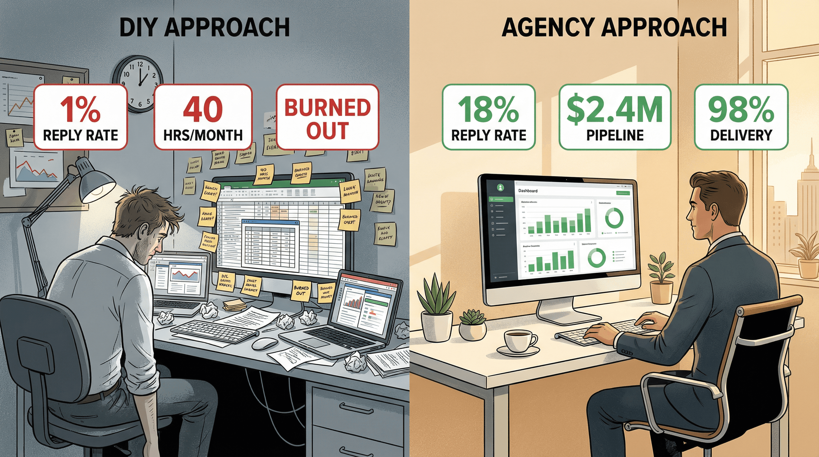 Editorial split composition contrasting DIY cold email complexity with streamlined agency approach