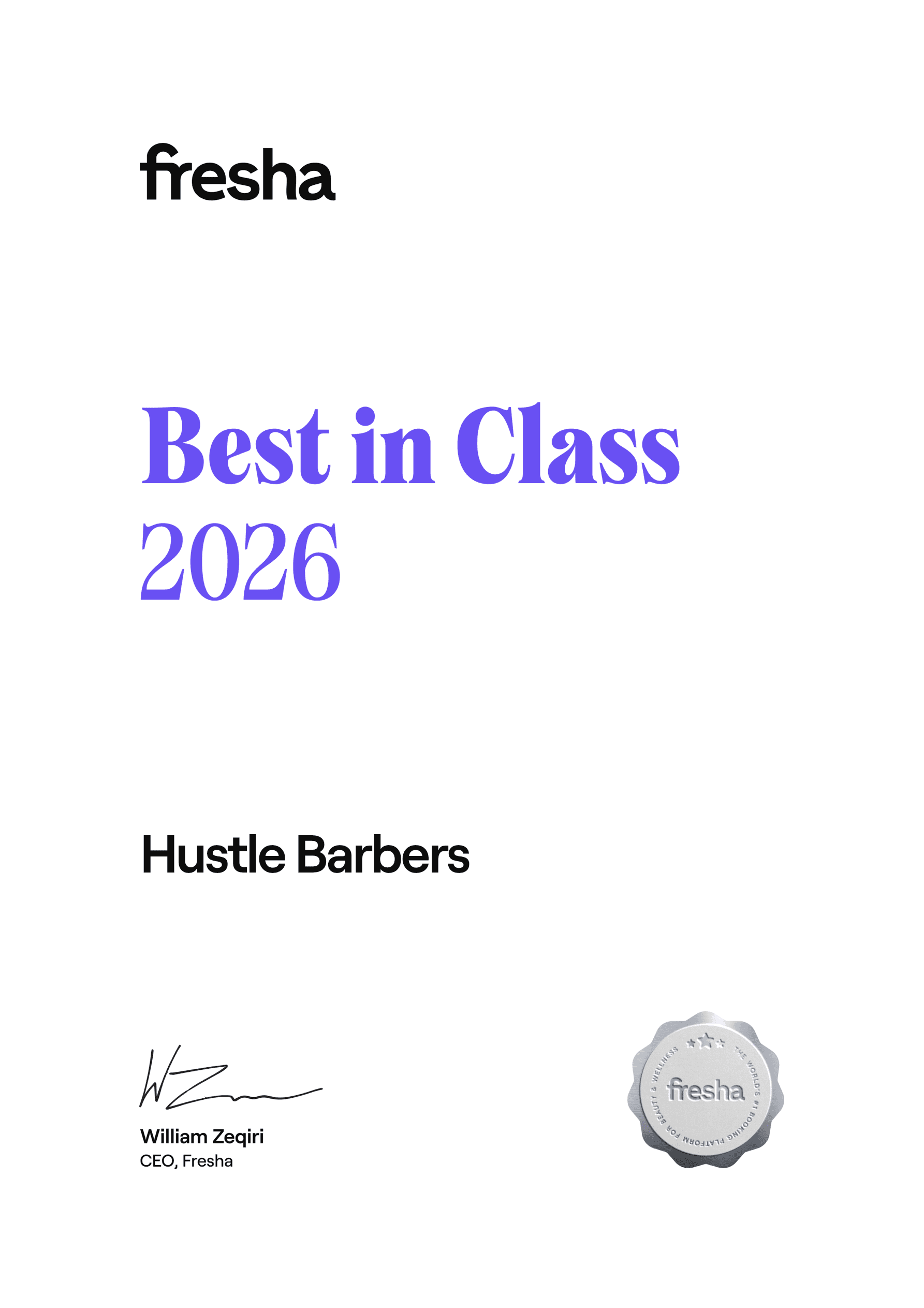 Hustle Barbers Fresha Best in Class 2026 certificate