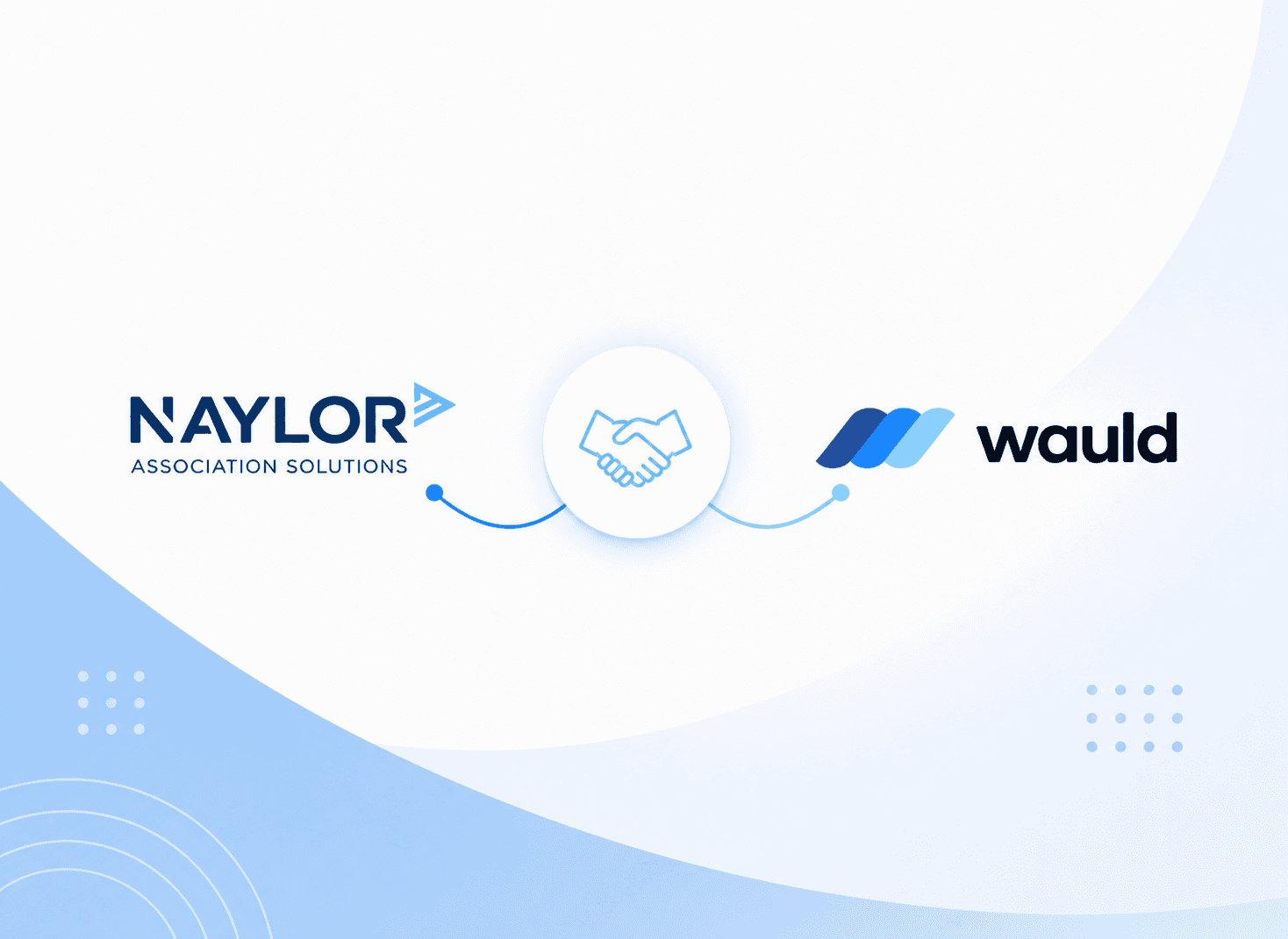 Cover image showing a partnership between Naylor Association Solutions and Wauld. The Naylor logo appears on the left and the Wauld logo on the right, connected by curved blue lines leading to a central handshake icon that symbolizes collaboration. The design features a clean white and light-blue background with subtle geometric accents, representing a strategic alliance focused on digital credentialing for associations.