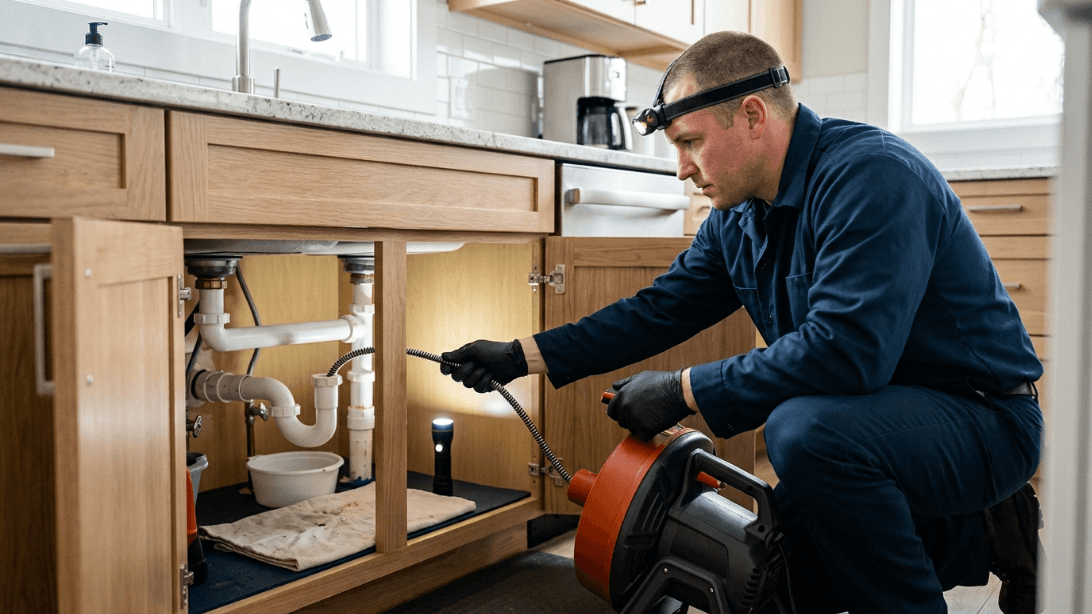 Hands cleaning a kitchen sink drain and strainer