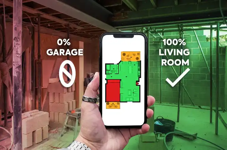 magic plan room classification showing garage and living room identification on a mobile screen