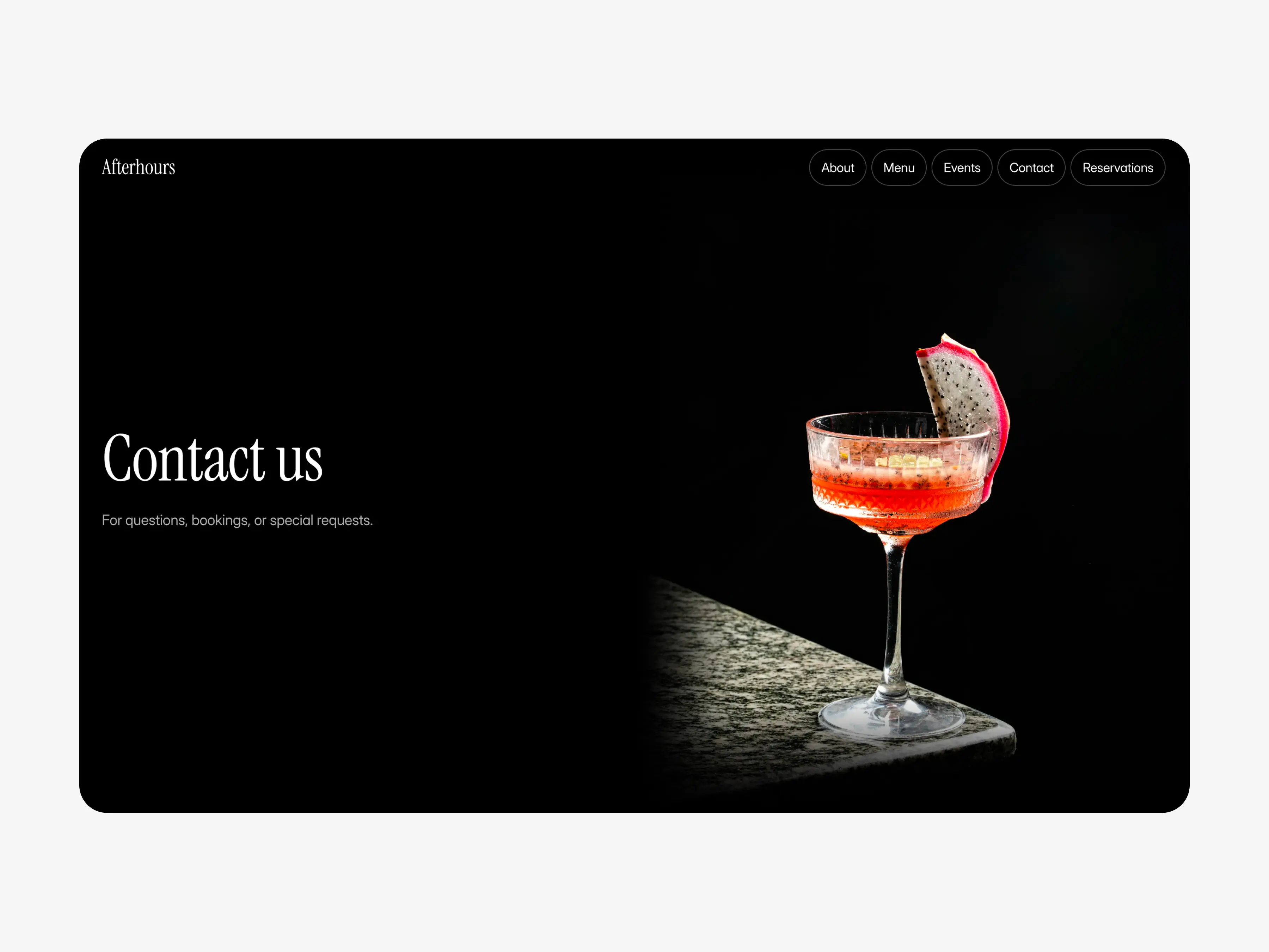 Bar website template contact page featuring a dark background, cocktail imagery, and clear contact information layout.