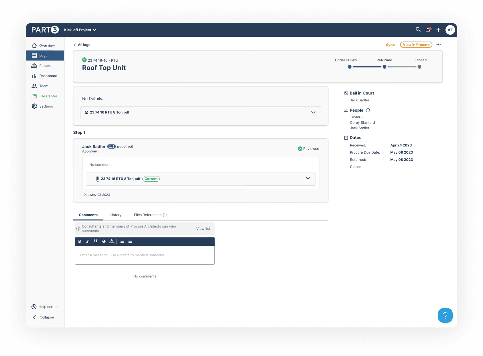 Roof Top Unit submittal log in Part3 with Procore integration and status tracker