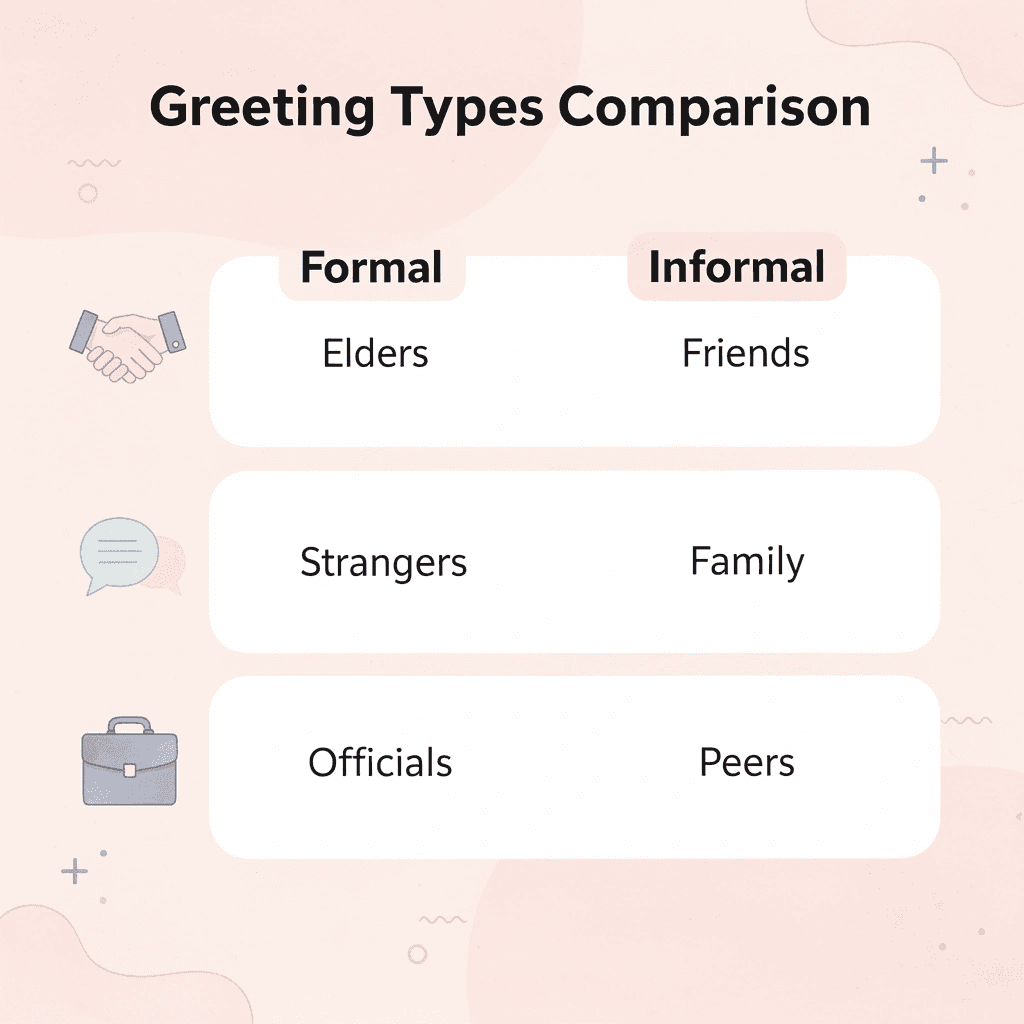 Comparison chart showing formal versus informal Arabic greeting contexts