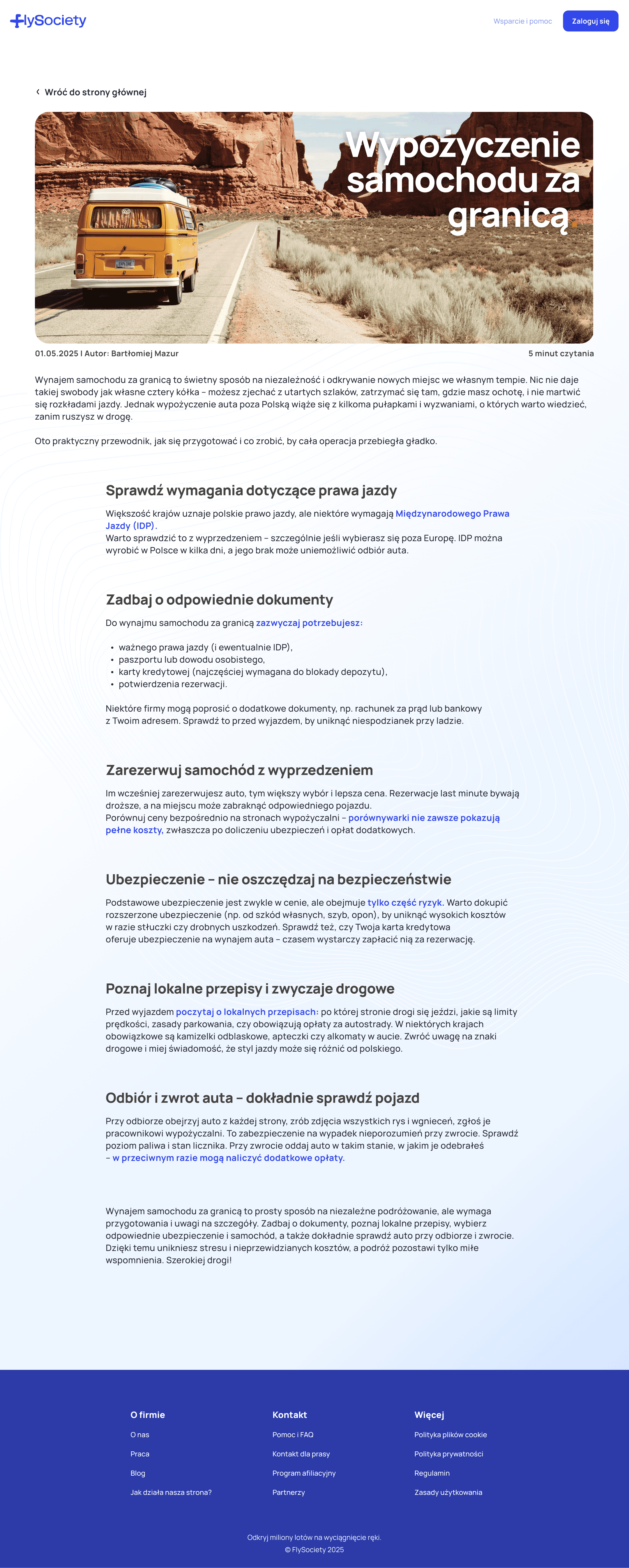 FlySociety blog article page titled "Wypożyczenie samochodu za granicą" with a yellow van on a desert road as the hero image, showing structured guide content with section headings