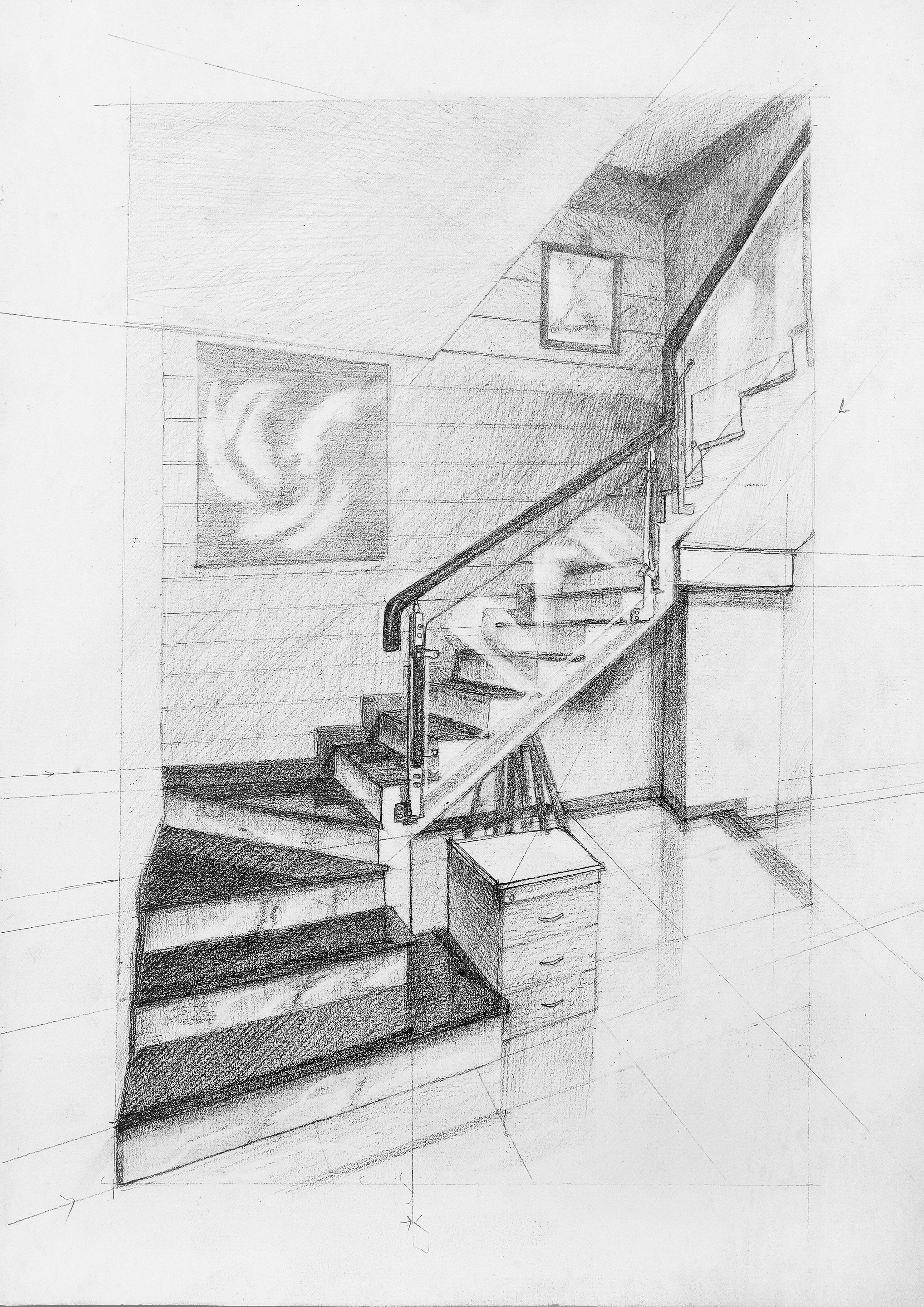 a pencil drawing of a staircase in a house