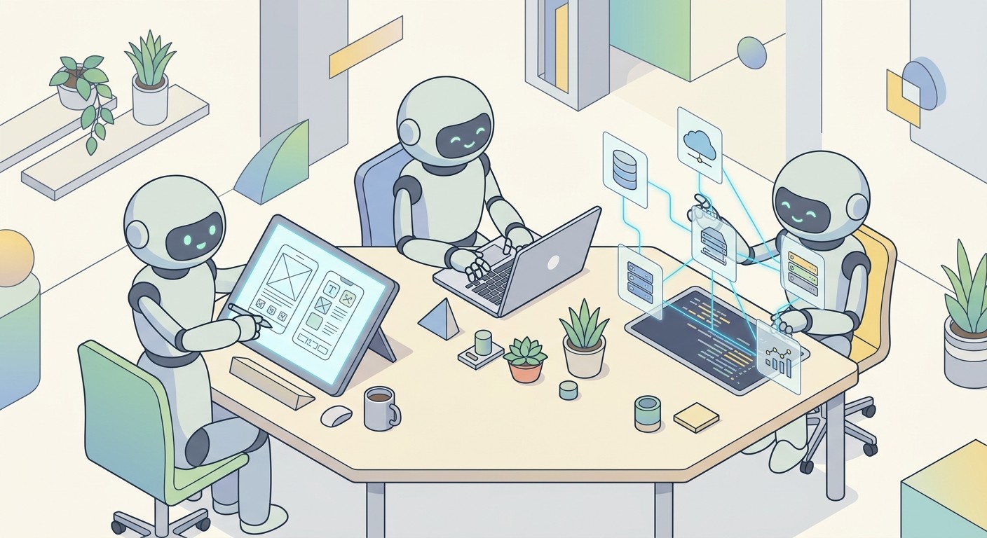 Three AI robot agents collaborating on app design, code, and database connections