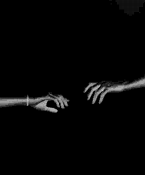 Two hands approaching each other against a plain black background