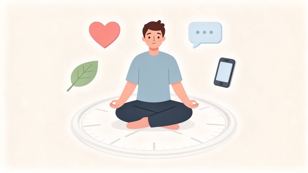 Illustration of a person meditating on a clock, surrounded by heart, leaf, chat, and phone icons.