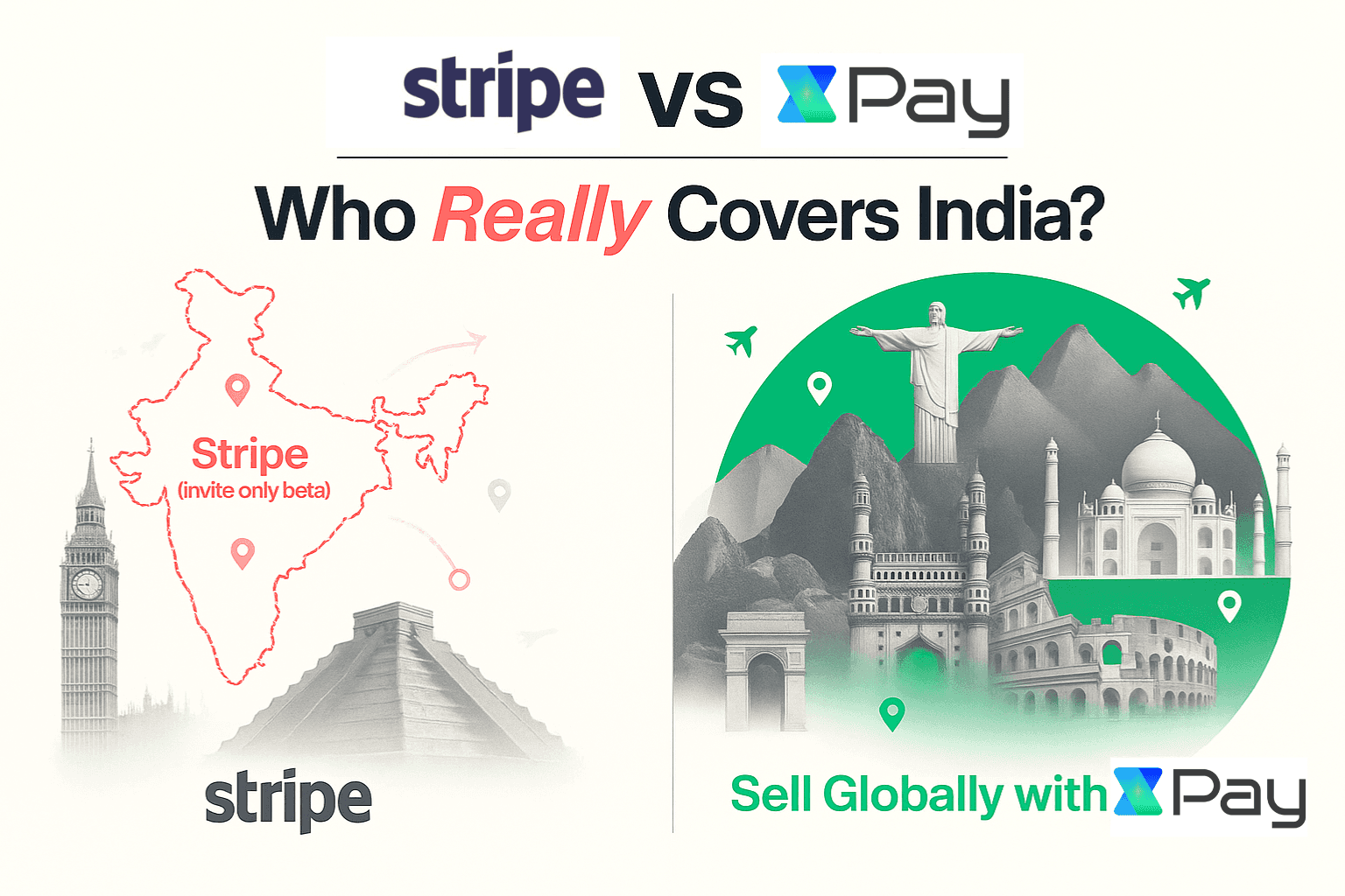 Side-by-side comparison of Stripe and XPay highlighting international payment gateway coverage in India. Left half shows Stripe's limited beta access with India's map and global landmarks in grayscale. Right half features the Seven Wonders of the World and Indian monuments under a green semicircle, with the phrase "Sell Globally with XPay" and the XPay logo.