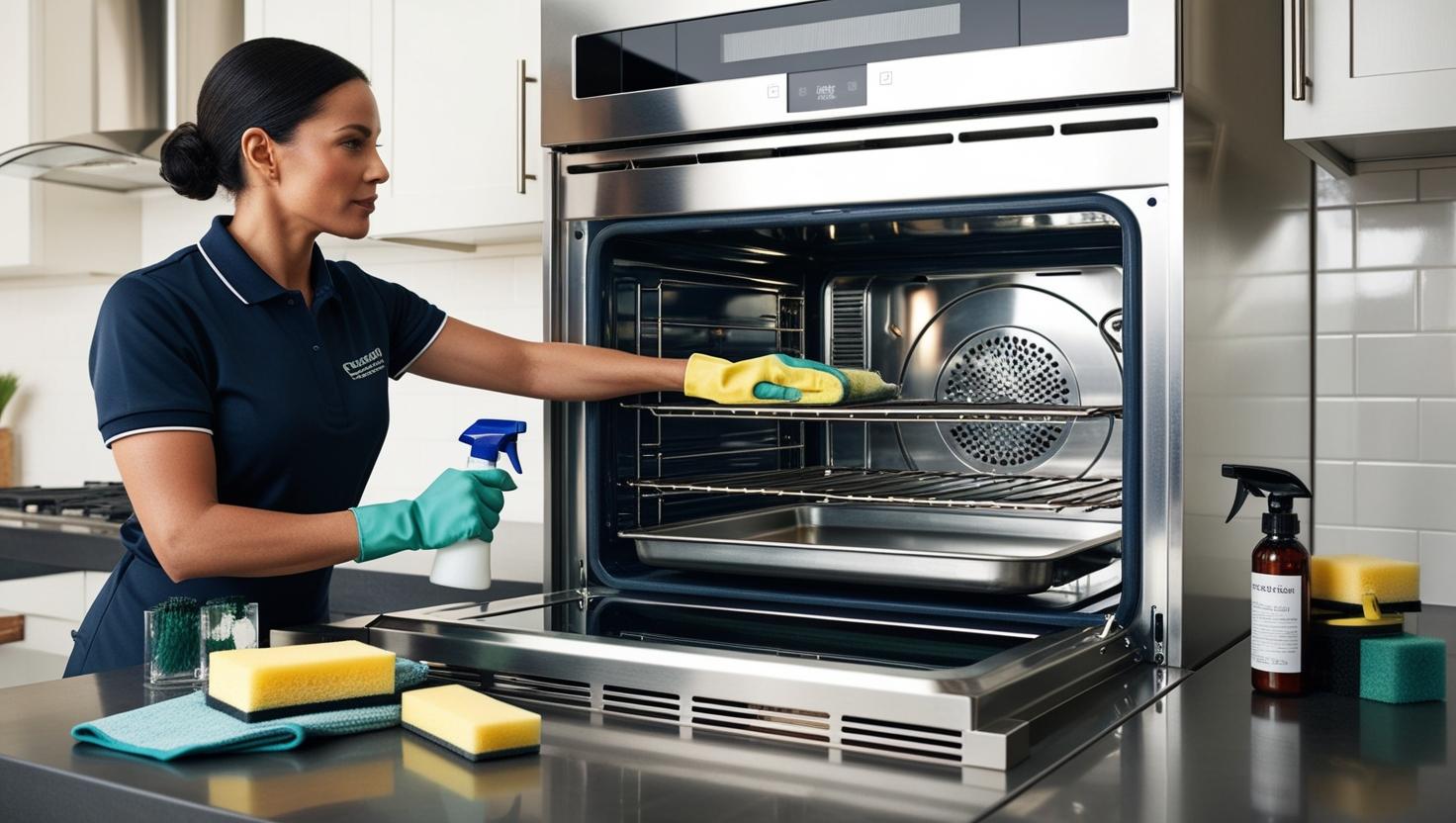 Professional cleaner performing detailed oven cleaning with specialized products for end-of-lease cleaning