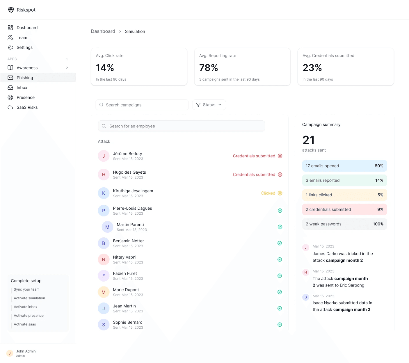 Riskspot Cyber Companion - Ananse Introduction. The image features a 3D character, Ananse, your cyber companion, with messages: 'Good morning! I am Ananse, your cyber companion,' 'My mission: to help your team stay secure,' 'Today's mission: Unmasking Phishing,' and 'Secure employees = Secure company.' Designed to engage users in cybersecurity awareness and training.