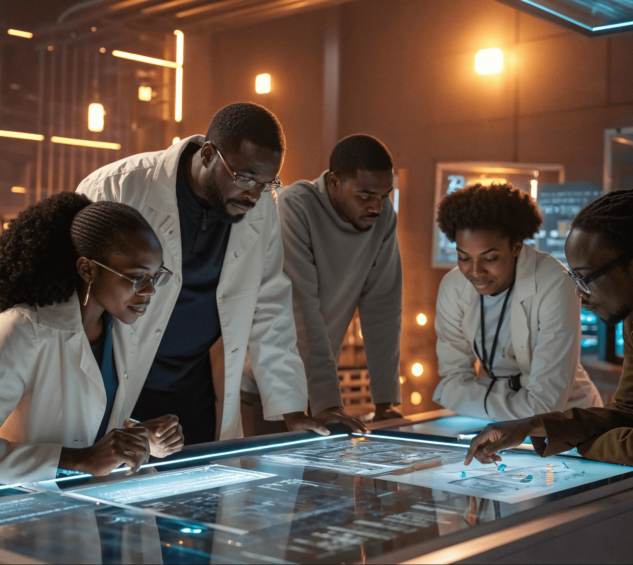 Faculty members and students leaning over digital whiteboard