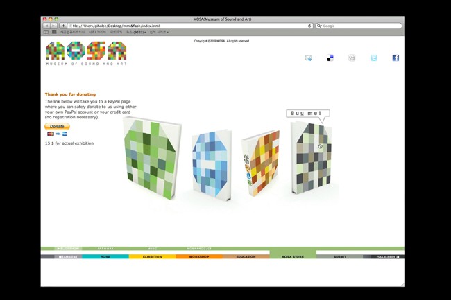 A screenshot shows a webpage from the Museum of Sound and Art (MOSA) in Boston. The page displays a thank you message for donations and showcases four colorful, pixelated art pieces arranged side by side on a white background. The MOSA logo is visible in the top left corner. The webpage includes navigation links like "Home," "Artwork," "Exhibition," "Education," "Workshop," "Nova Store," and "Submit." A PayPal donation link is included, along with a Donate button. The screen also shows standard browser controls, including a URL bar, address bar, and search bar.