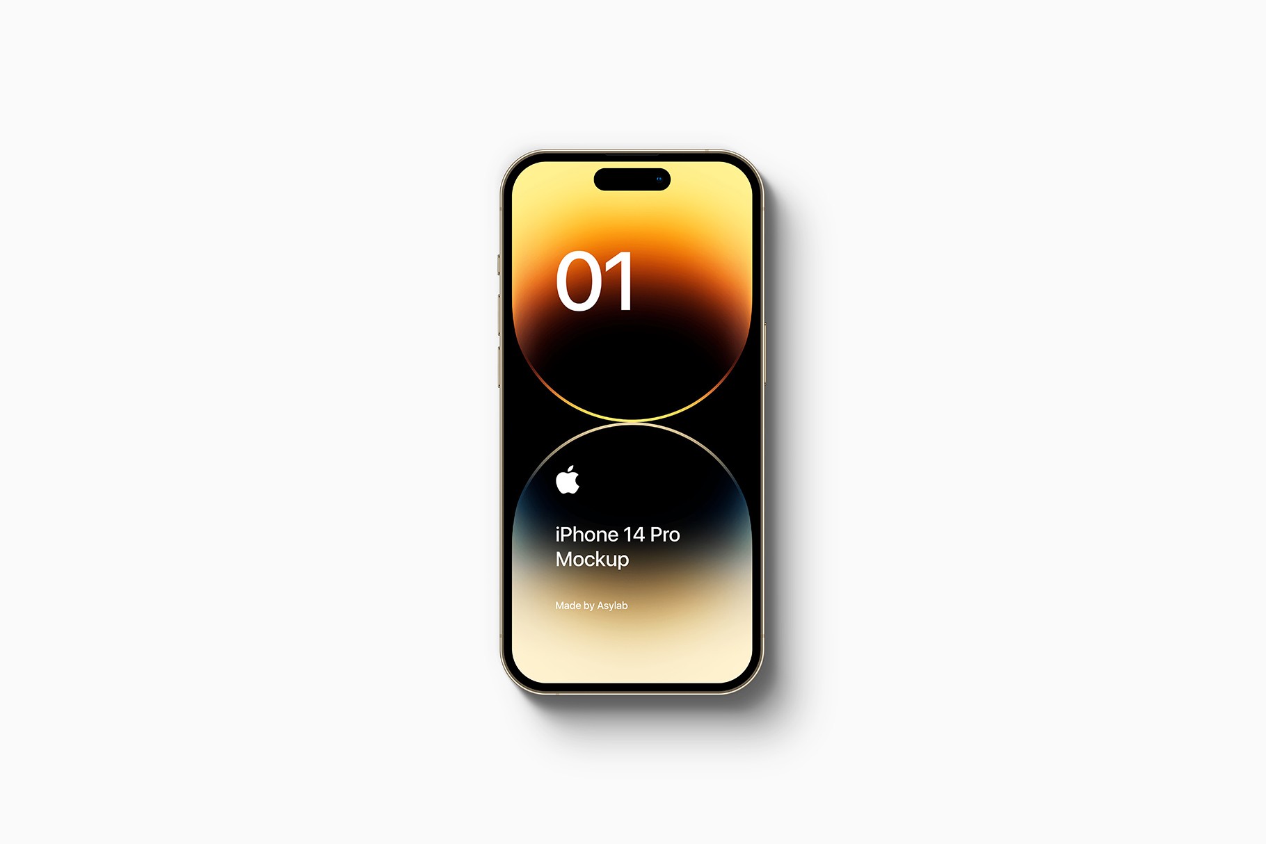 Gold iPhone 14 Pro mockup with a realistic floating shadow effect, emphasizing premium design.