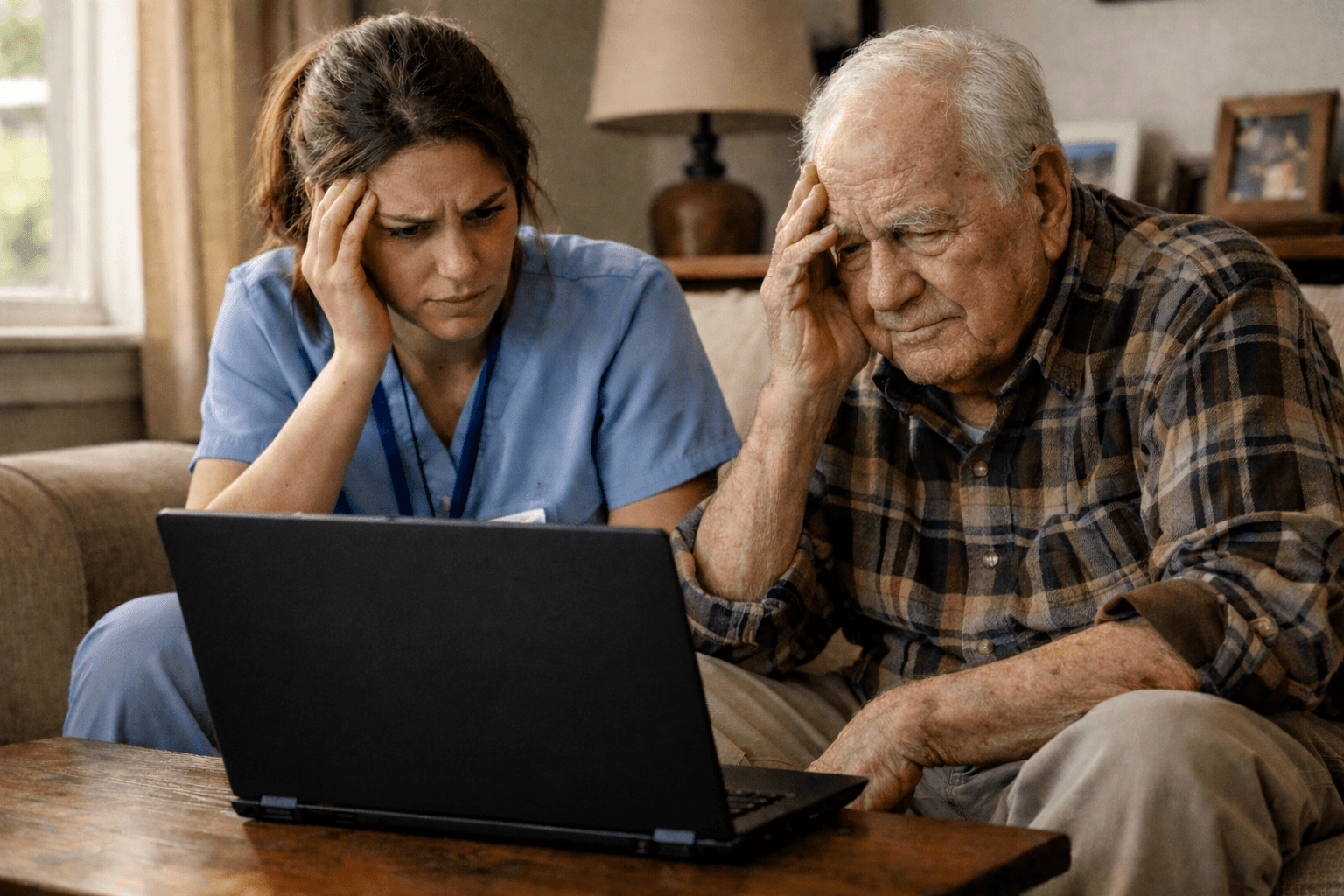 A home care aide sitting with an elderly patient in a living room, looking frustrated at a laptop