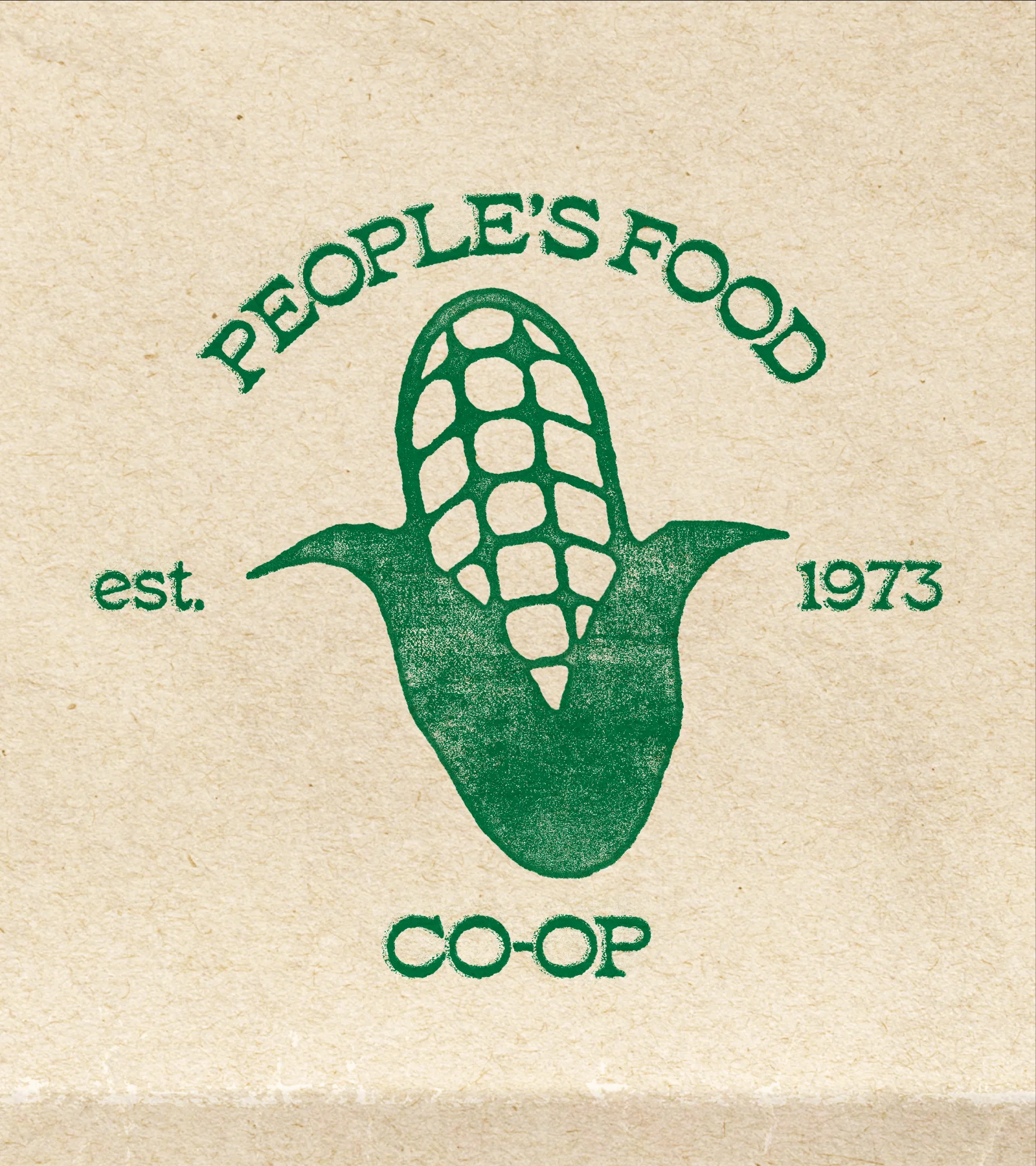 People's Food Co-op poster: a corn illustration with "est. 1973" on a burlap-textured background