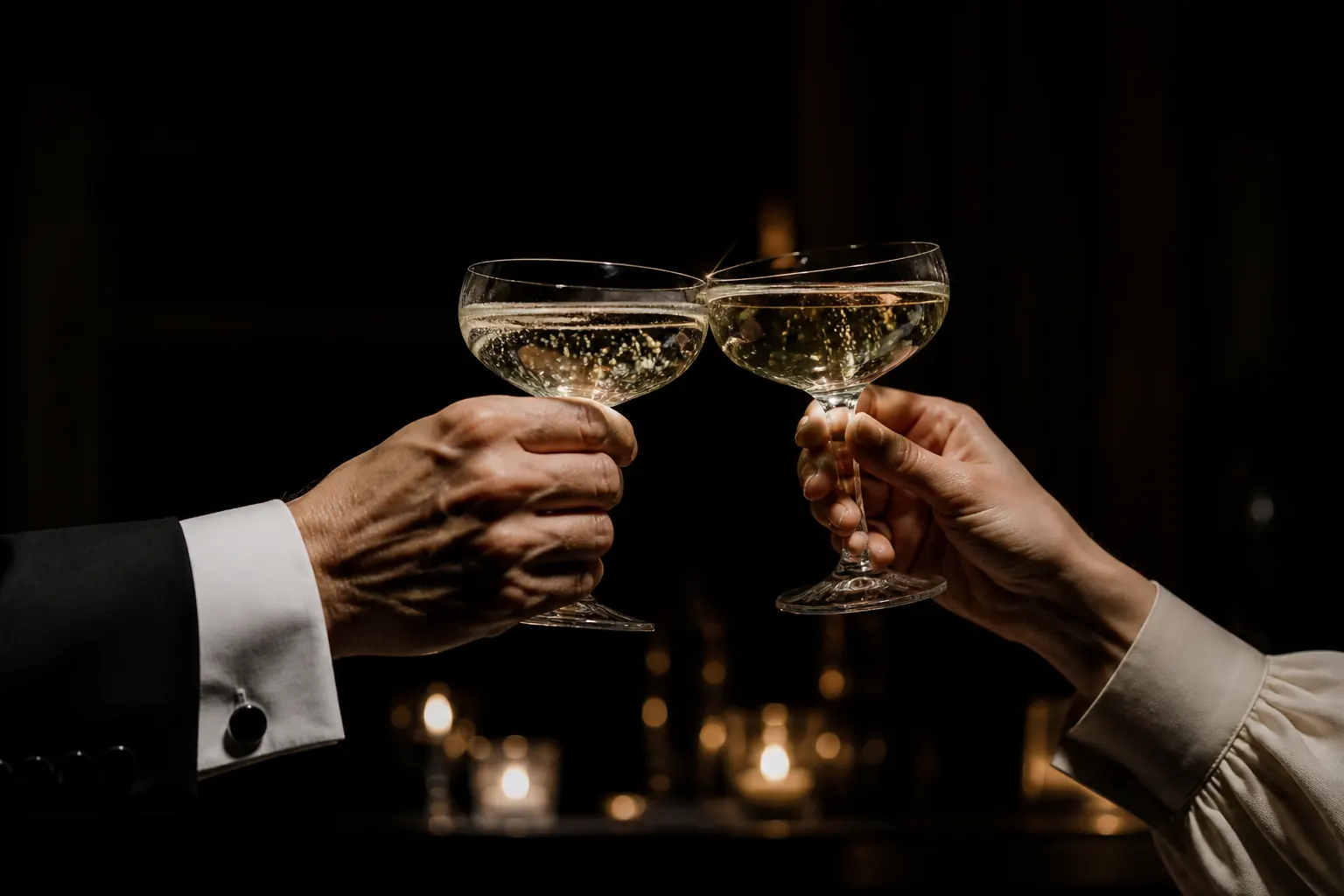Guests toasting with champagne coupes by candlelight