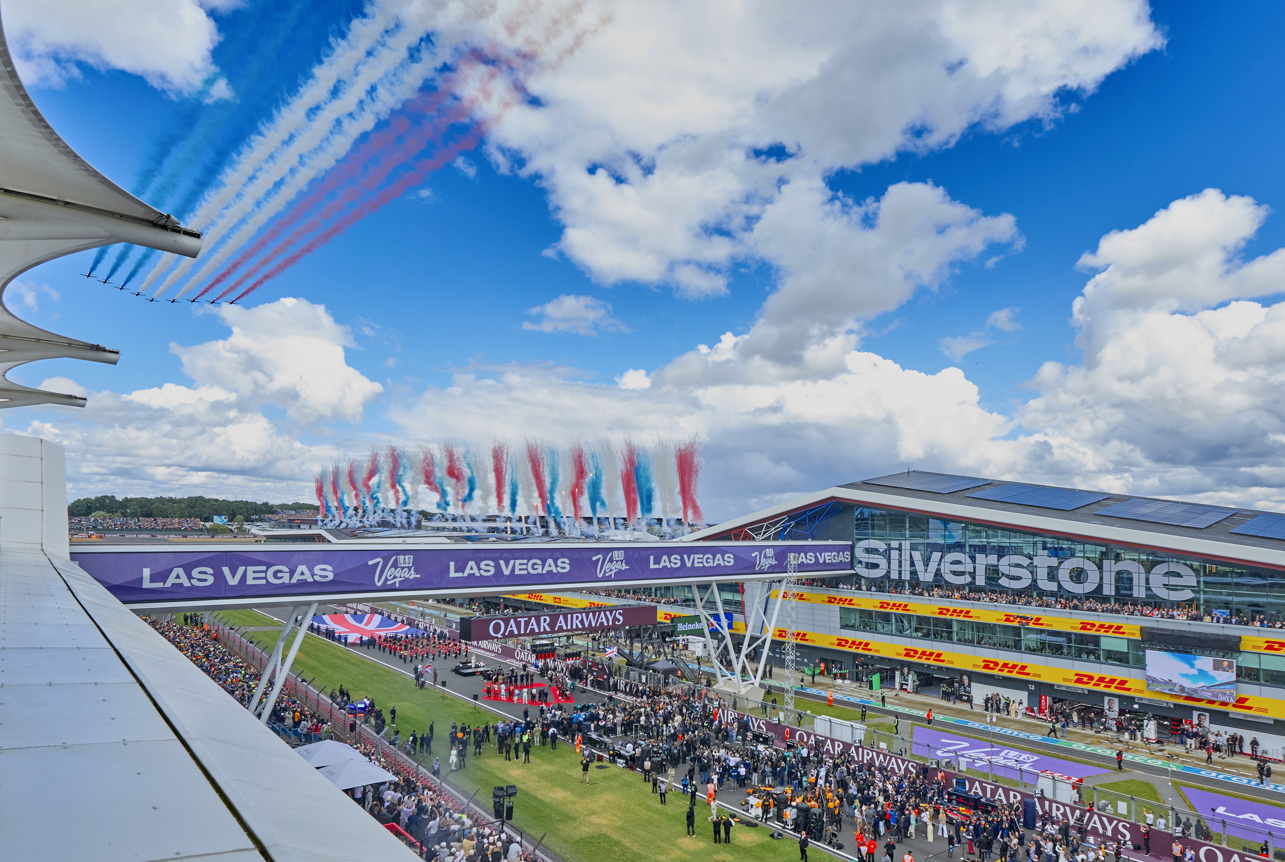Motorsport image captured by Paul Severn of opening ceremony with Red Arrows at British Formula 1 Grand Prix, Silverstone