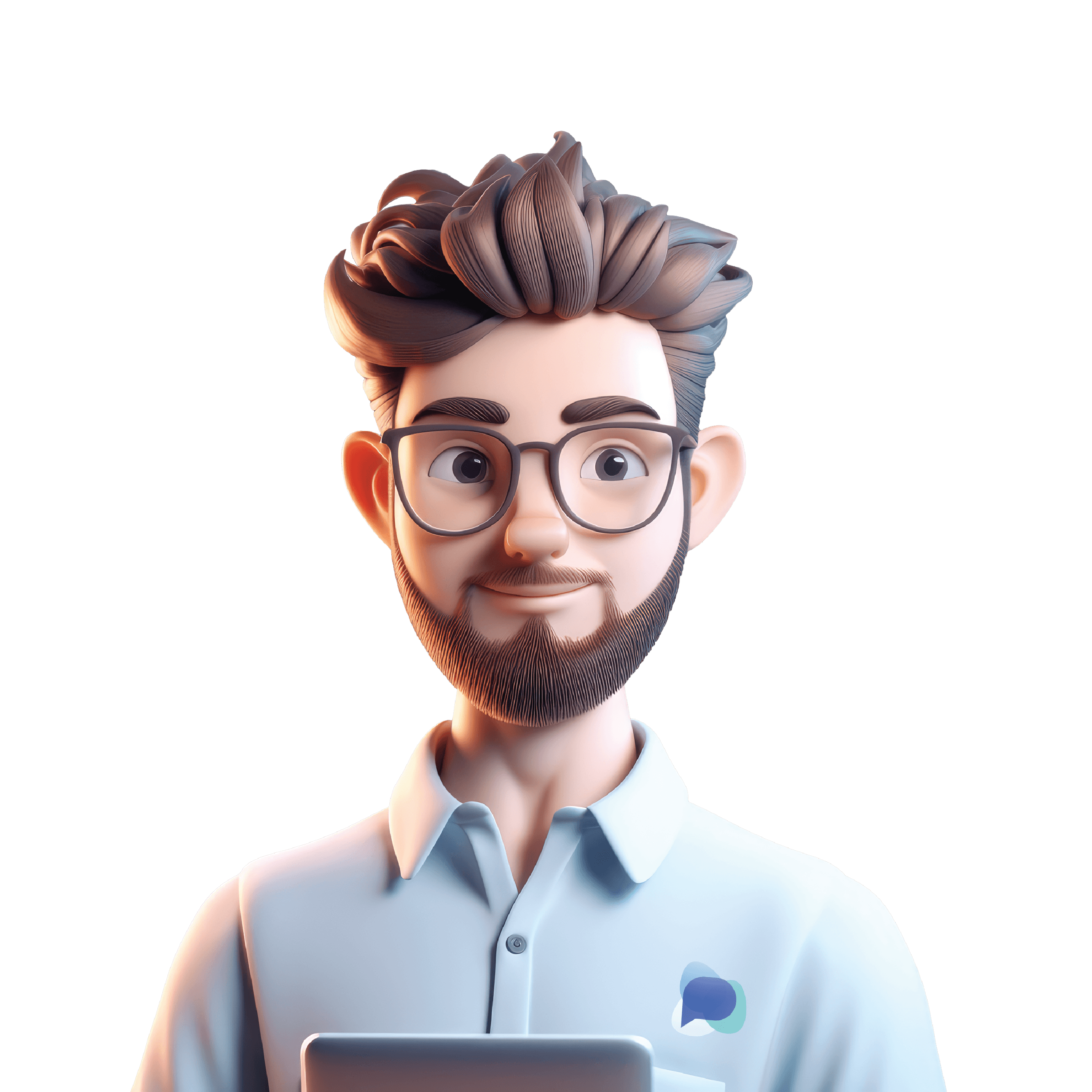 A male avatar AI agent, wearing glasses with a full beard smiling 