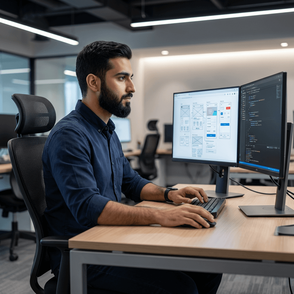 A professional Muslim web designer with a neat beard focused on coding and creating a premium website layout on a dual-monitor setup at our Muslim website design agency.