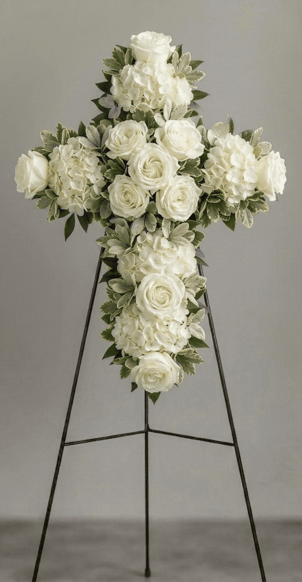 The Sacred Bloom Cross – funeral sympathy floral arrangement hand-delivered by local DMV florist | Our Legacy Thread™