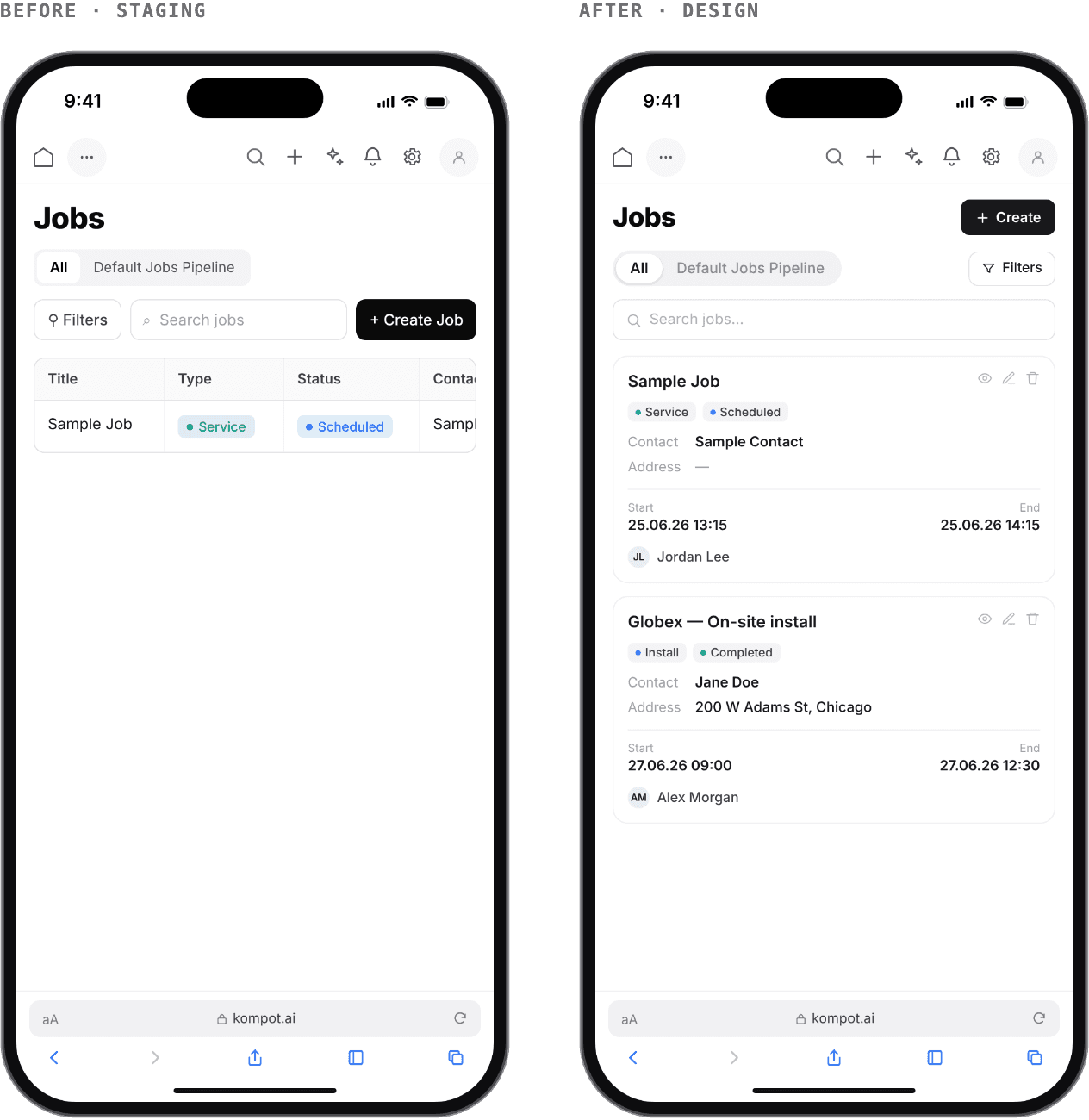 Before and after of the mobile jobs list: a clipped desktop table, then a job card with every field