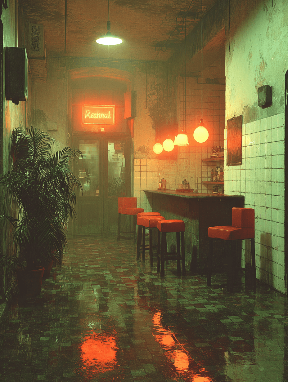 A moody, dimly lit bar interior with red neon lights, tiled walls, red bar stools, and glossy wet floors reflecting the warm glow of hanging lamps.