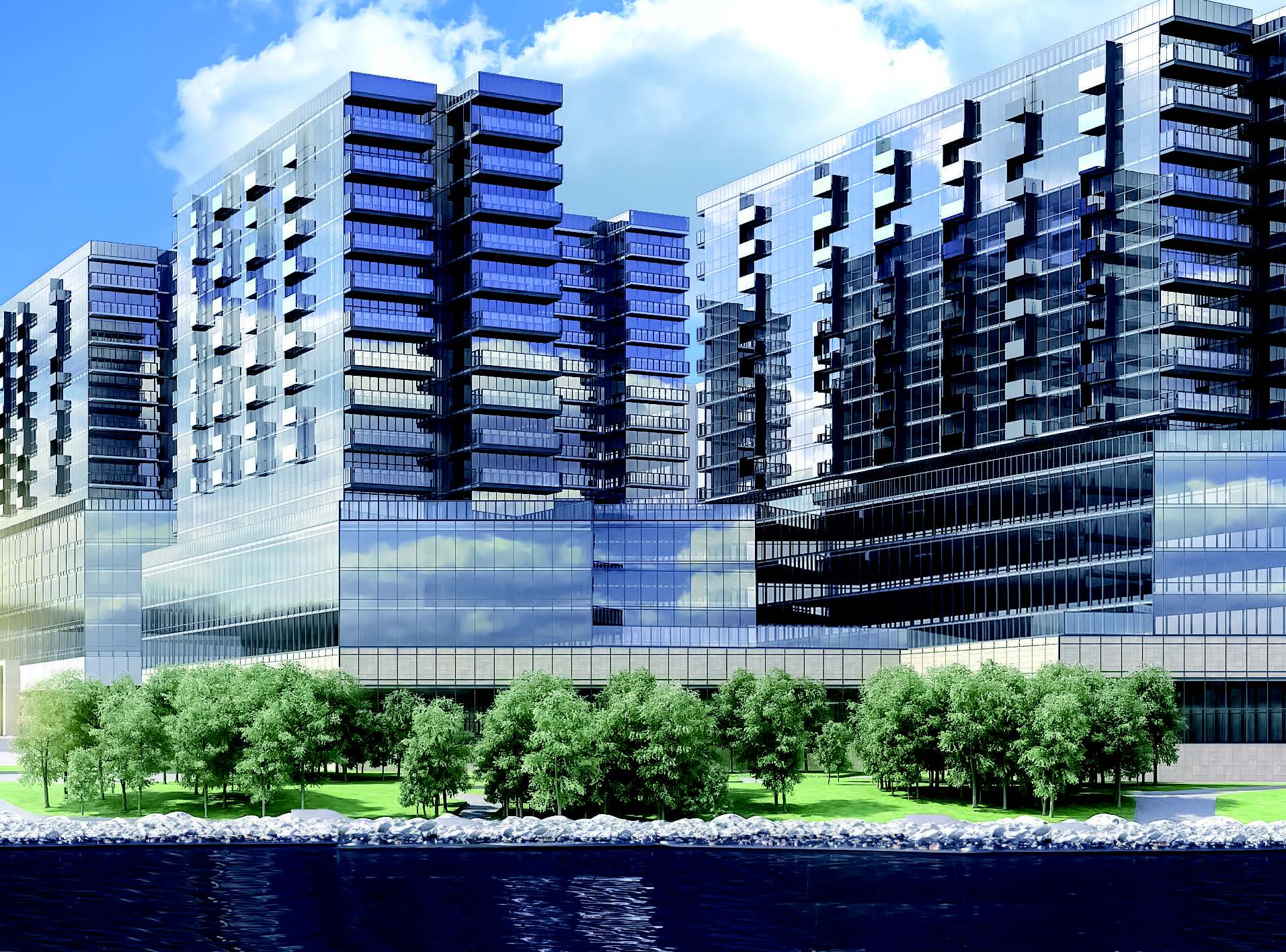 Tall modern skyscraper with vertical lines, viewed against a clear blue sky.