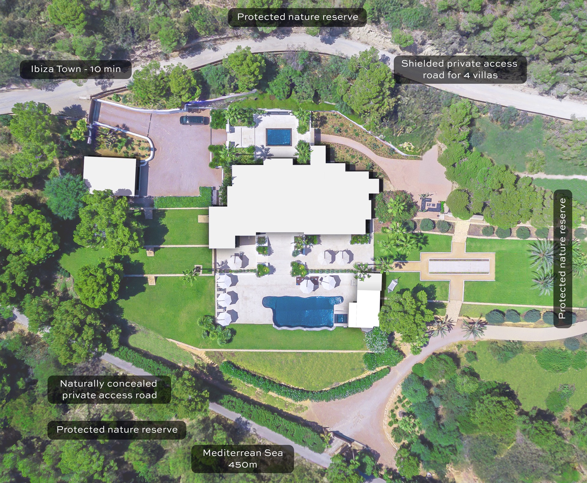 Aerial estate site plan showing villa layout, private access road, gardens and surrounding protected nature reserve.