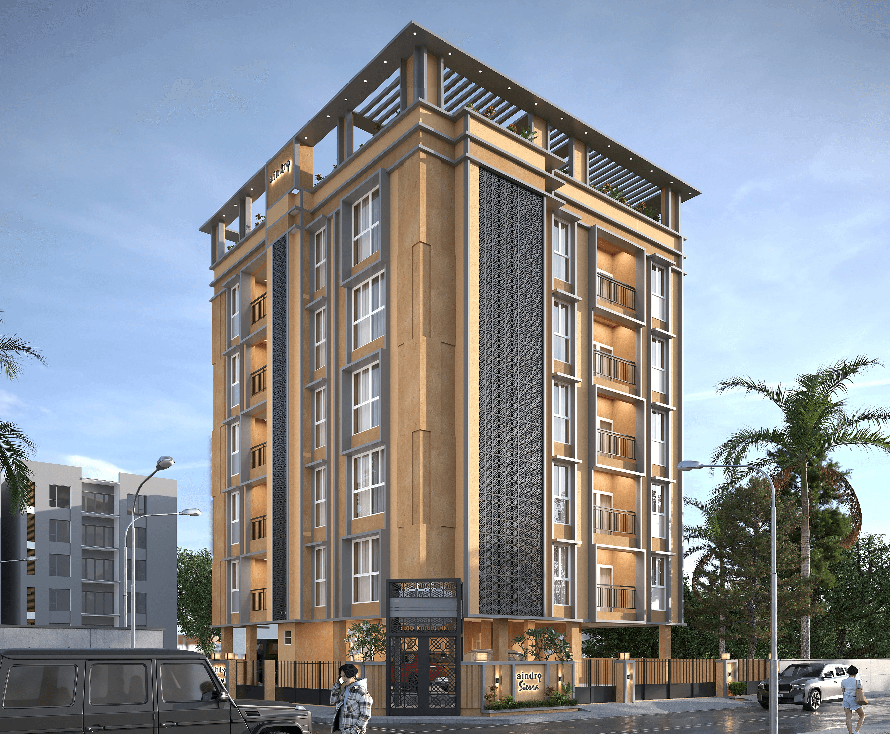 Modern luxury house on a hillside surrounded by trees, featuring large glass windows, a terrace, and a small pool at sunset.