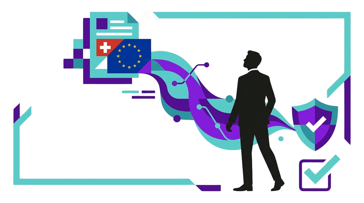 A silhouette of a person stands near an abstract digital design with vibrant colors and shapes.