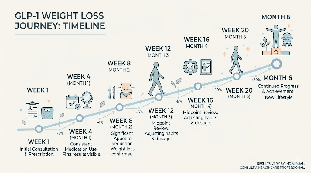 GLP-1 weight loss timeline showing week by week progress and milestones