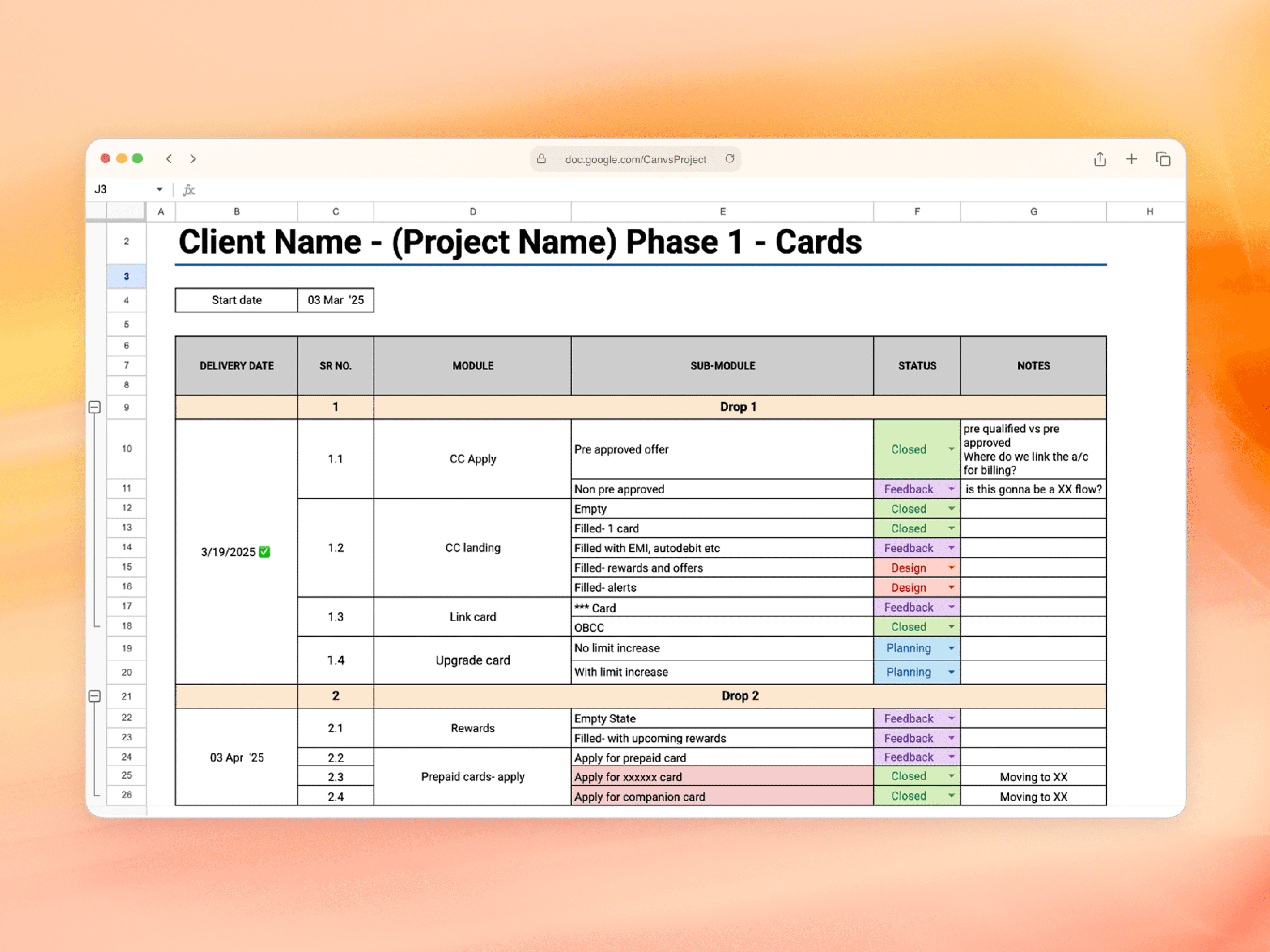 Documentation of the various requirements and inputs for a particular project