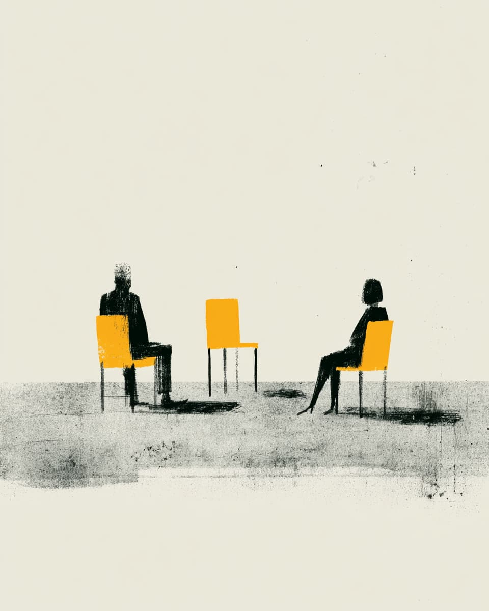 Illustration: Zwei Personen sitzen auf gelben Stühlen, ein dritter Stuhl dazwischen, minimalistisch gehalten.