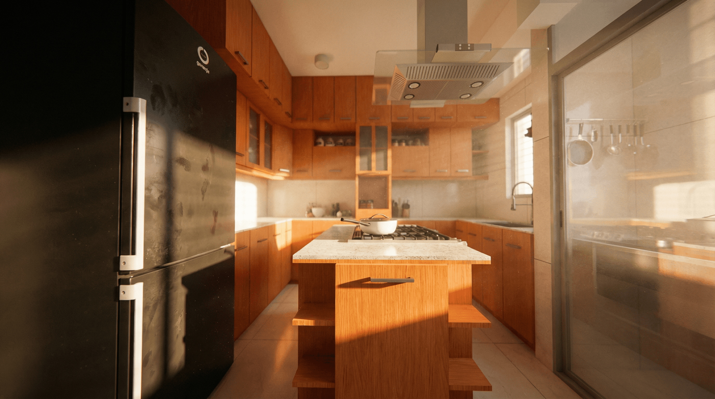 A redesigned kitchen from a flat at Uttara with stove in the middle