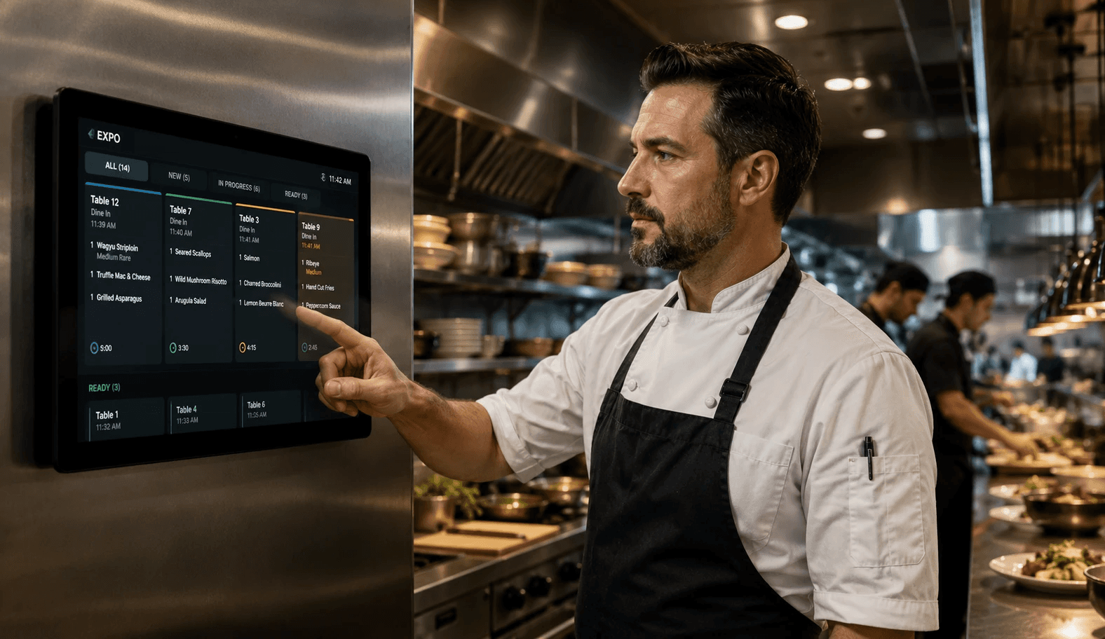 A chef in sharp focus, interacting with a digital interface