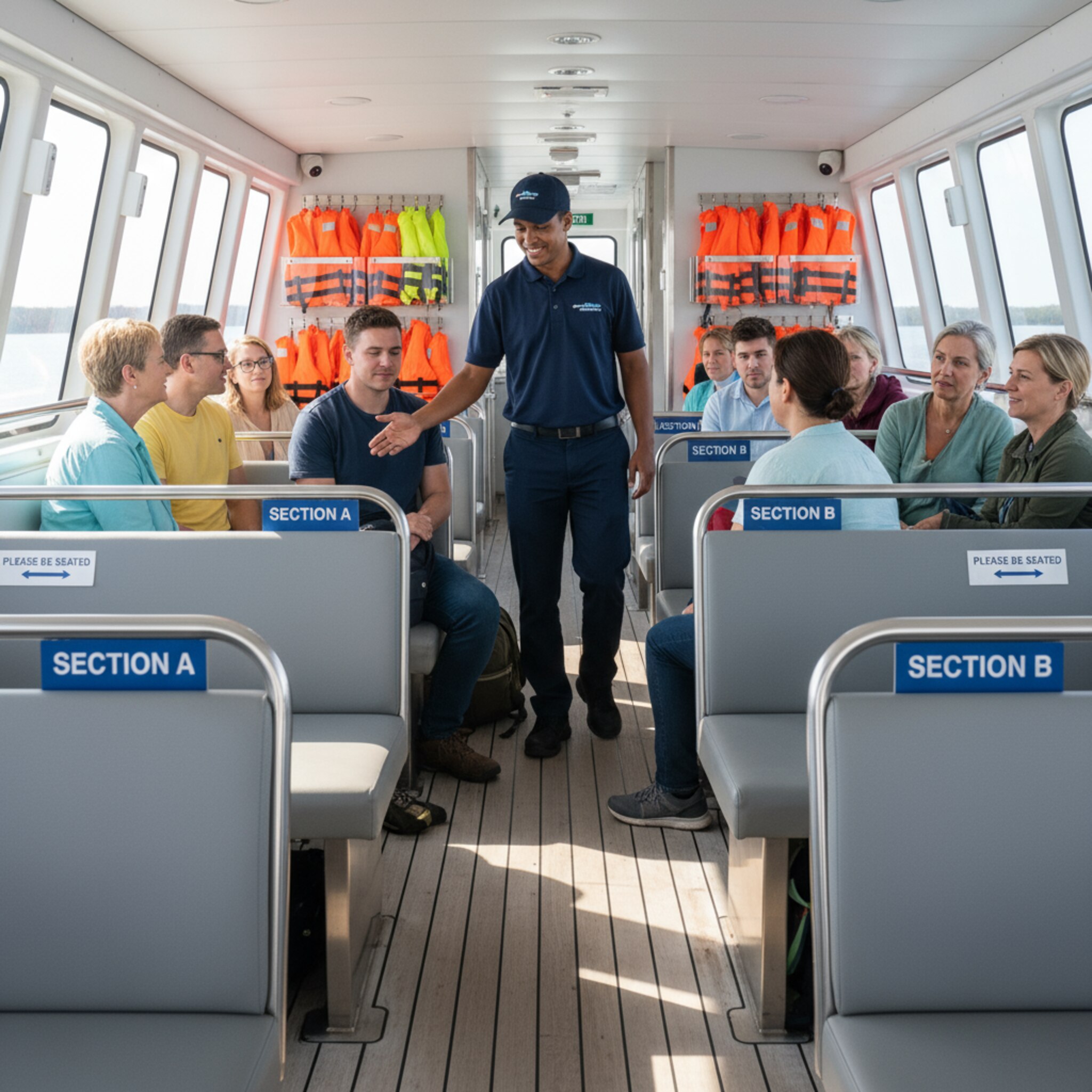 Auf dem Unterdeck zeigt die Crew auf markierte Sitzreihen, während Gäste sich verteilen. Hell einfallendes Licht zeichnet klare Linien. Rettungswesten hängen ordentlich bereit. Alles wirkt übersichtlich, sicher und gut vorbereitet.