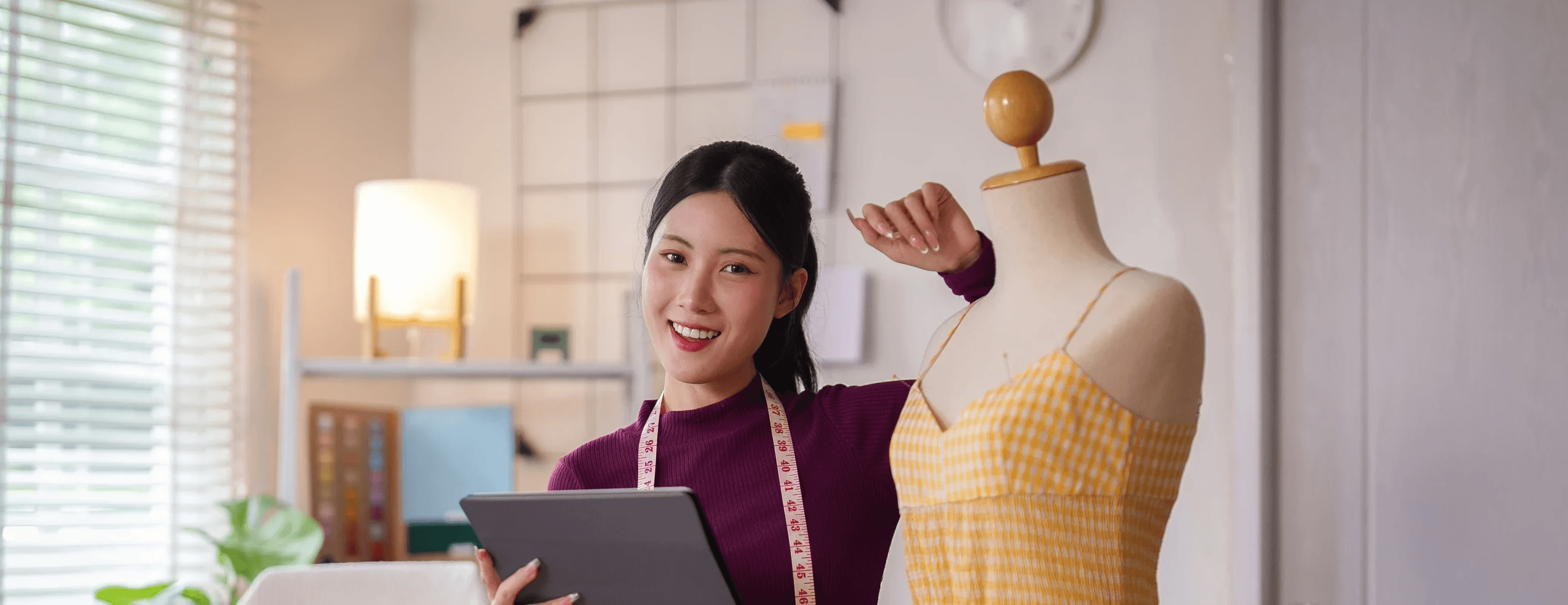 Headshot of Abby, the target user persona for the case study, depicted as a young fashion designer holding a tablet in her design studio.