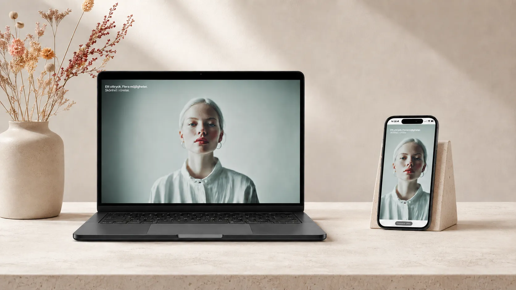 The Frisörerna website displayed on a laptop and smartphone in a warm, minimal setting.