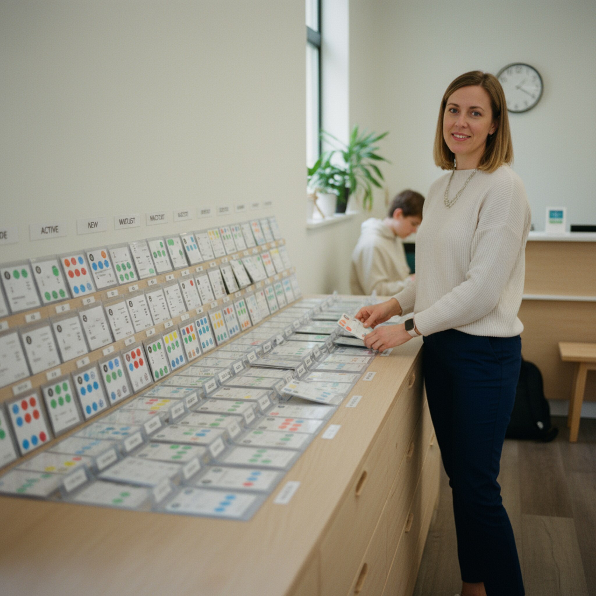 Ein Sideboard mit nummerierten Kartenhüllen und farbigen Stickern für Level und Fächer. Eine Mitarbeiterin hängt eine Karte in die Reihe der aktiven Mitgliedschaften. Im Hintergrund sitzt ein Schüler, der auf seine Matheeinheit wartet. Die Szene strahlt Übersicht, Fairness und klare Zugangsregeln aus.