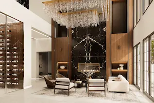 Luxury double-height living room 3D rendering with chandelier, marble wall panel, and elegant contemporary furniture — high-end architectural visualization by 3D CBA.